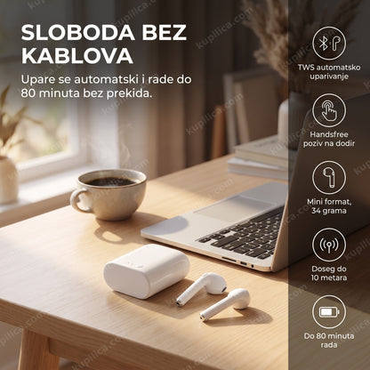 bežične slušalice na radnom stolu uz laptop i kafu, benefiti proizvoda