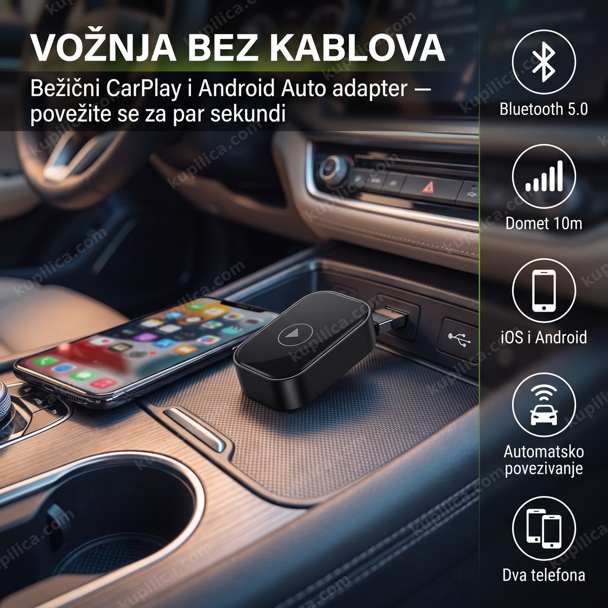 bežični adapter za Apple CarPlay i Android Auto priključen u auto USB port