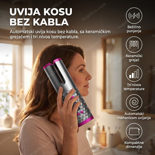 bežični automatski uvijač za kosu sa keramičkim grejačem u upotrebi, benefiti proizvoda