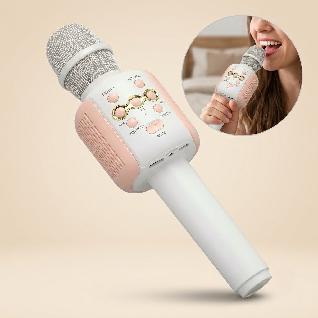bluetooth karaoke mikrofon L858 — belo-roze mikrofon sa zvučnikom i tasterima za eho i jačinu