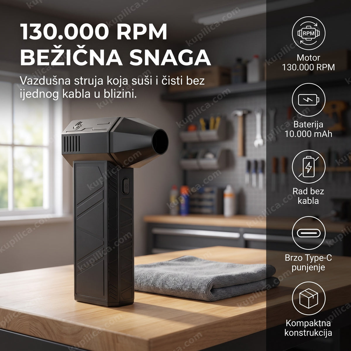 bežični duvač vazduha na garažnom radnom stolu bez kabla