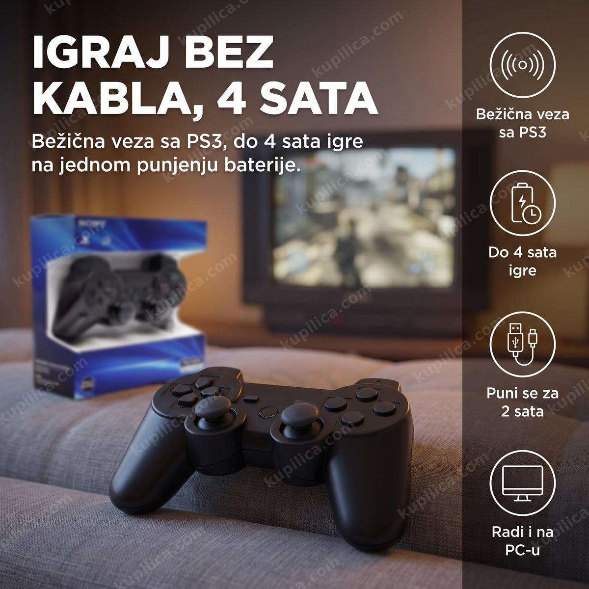 bežični džojstik za ps3 na kauču ispred televizora, prikaz benefita proizvoda