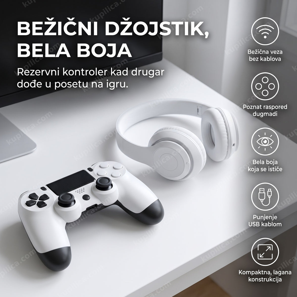 Beli bežični džojstik za ps4 na minimalističkom belom stolu, benefiti proizvoda