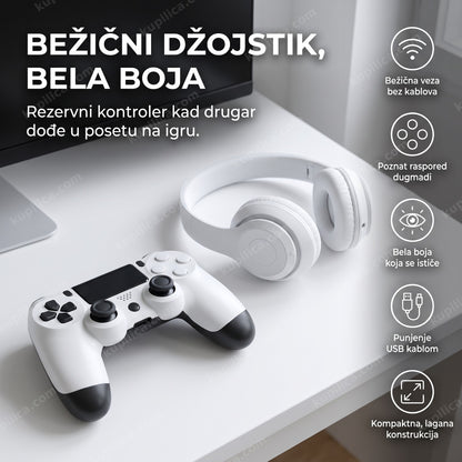 Beli bežični džojstik za ps4 na minimalističkom belom stolu, benefiti proizvoda