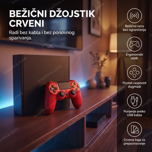 Crveni bežični džojstik za ps4 na polici pored generičke konzole