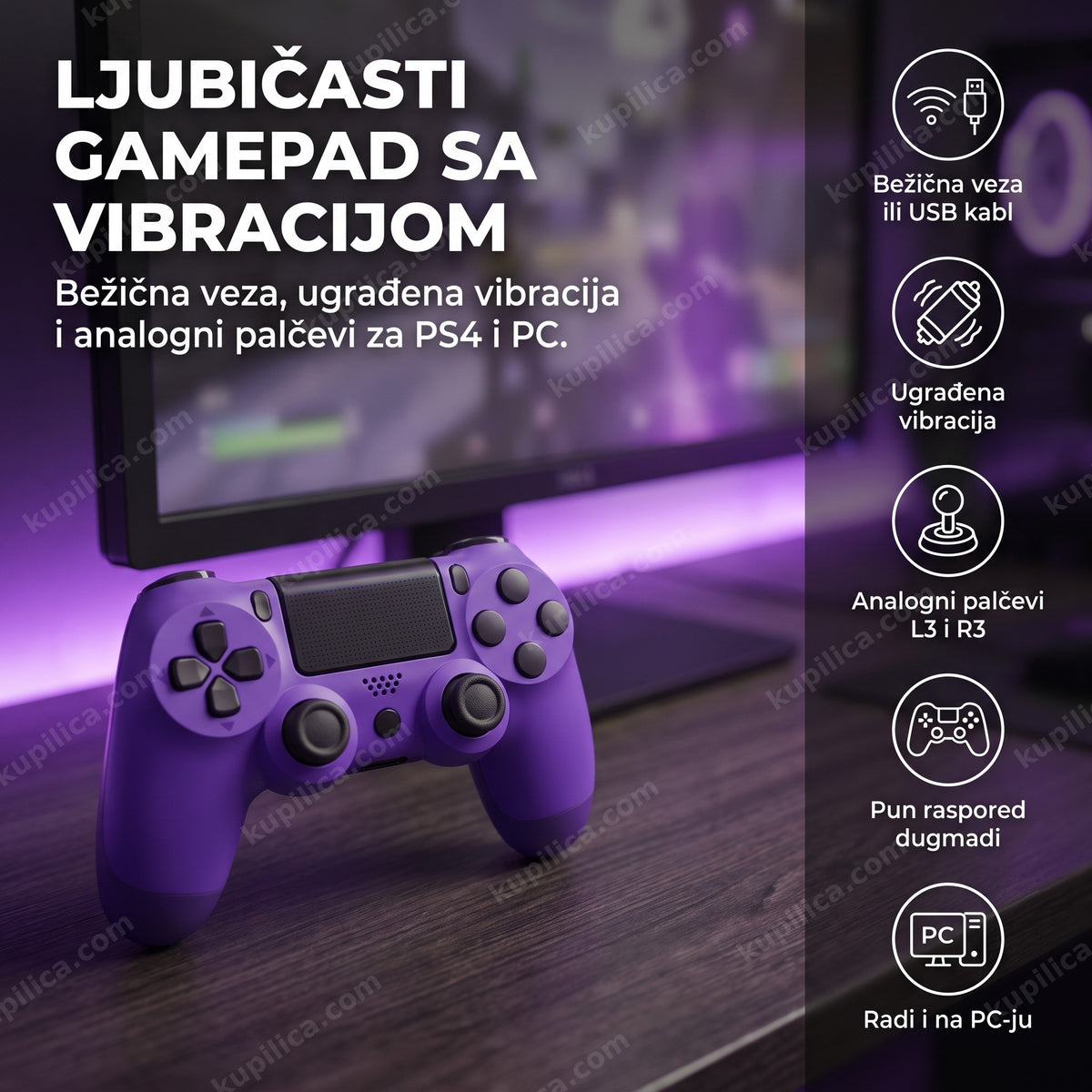 bežični džojstik za ps4 ljubičasti na stolu pored PC monitora, prikaz benefita proizvoda