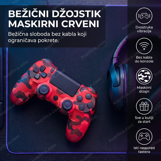 Crveni maskirni bežični džojstik za ps4 pored slušalica na gaming podlozi