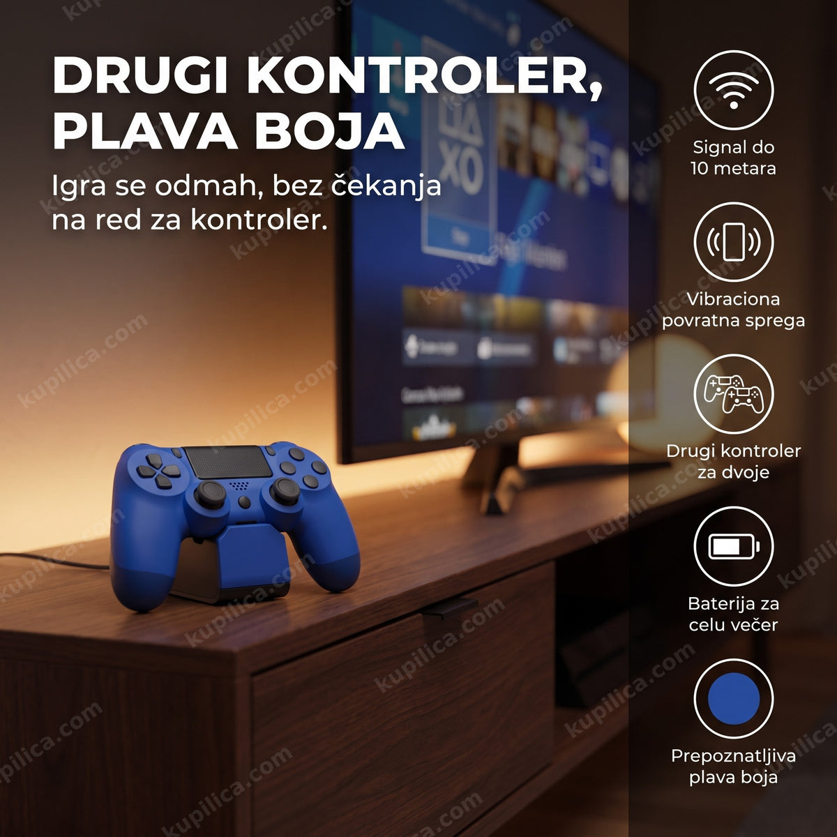 Plavi bežični džojstik za ps4 na punjaču pored televizora uveče, benefiti proizvoda