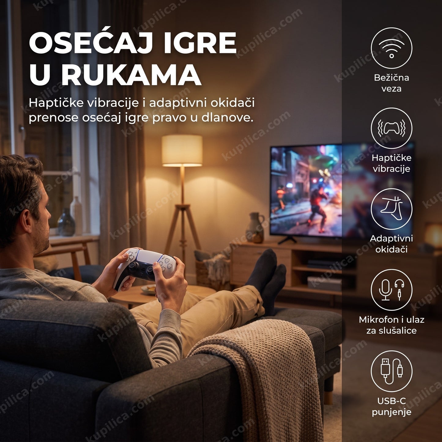 bežični džojstik za ps5 — osoba igra na kauču ispred televizora, benefiti proizvoda