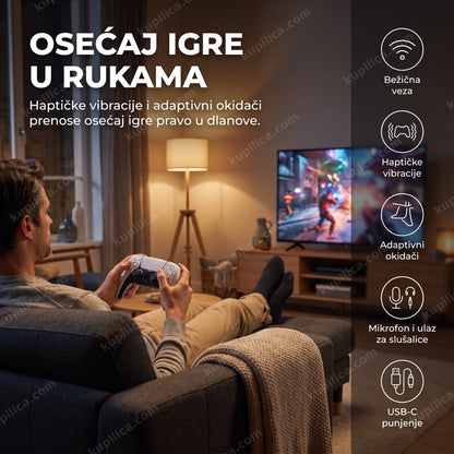 bežični džojstik za ps5 — osoba igra na kauču ispred televizora, benefiti proizvoda