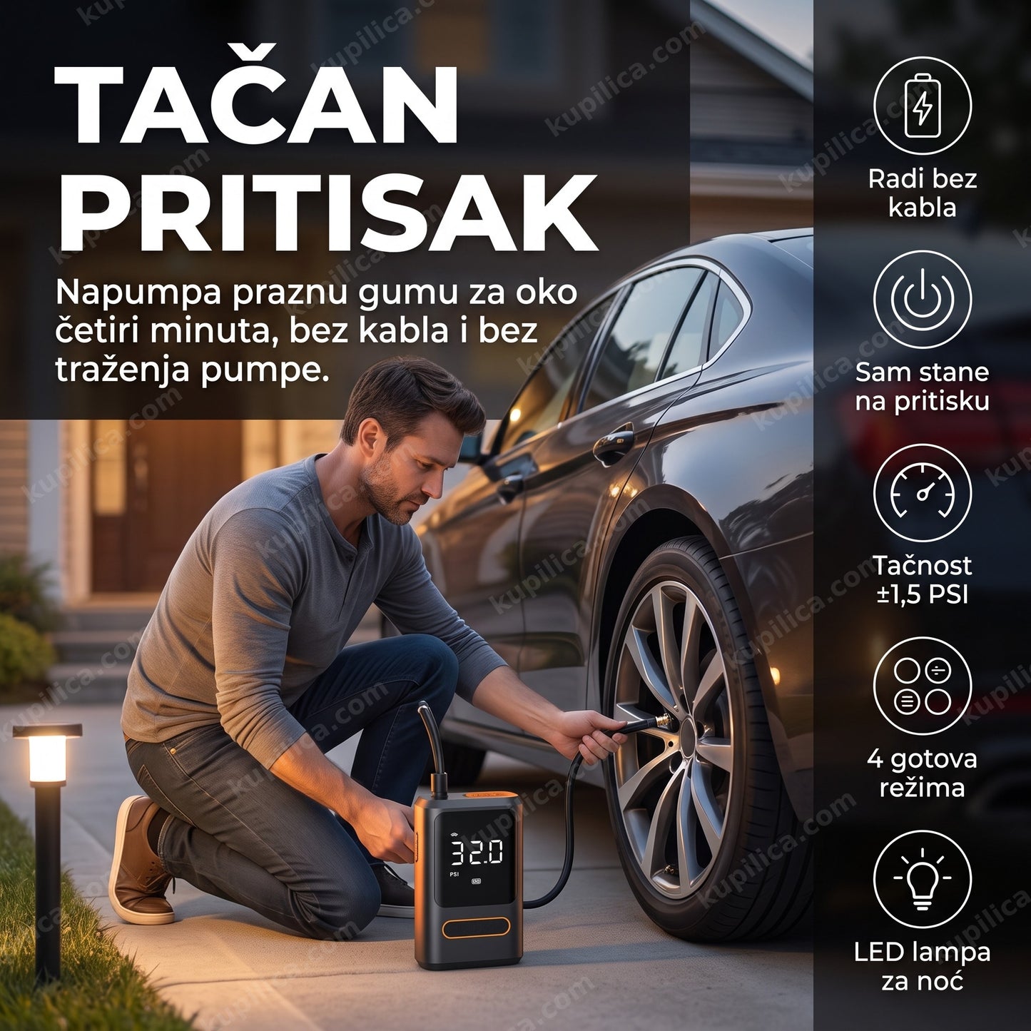 bežični kompresor za gume — muškarac pumpa gumu automobila u dvorištu, LED ekran pokazuje pritisak
