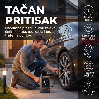 bežični kompresor za gume — muškarac pumpa gumu automobila u dvorištu, LED ekran pokazuje pritisak