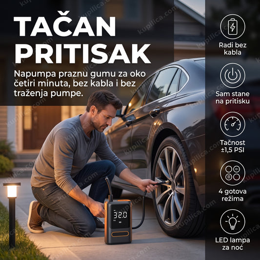 bežični kompresor za gume — muškarac pumpa gumu automobila u dvorištu, LED ekran pokazuje pritisak