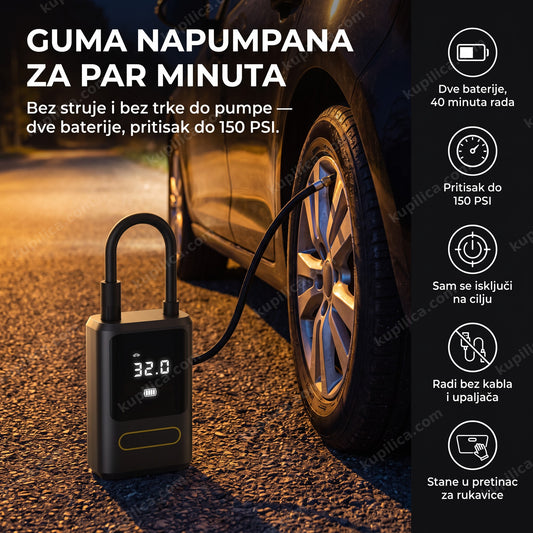bežični kompresor napumpava auto gumu noću pored puta, benefiti proizvoda