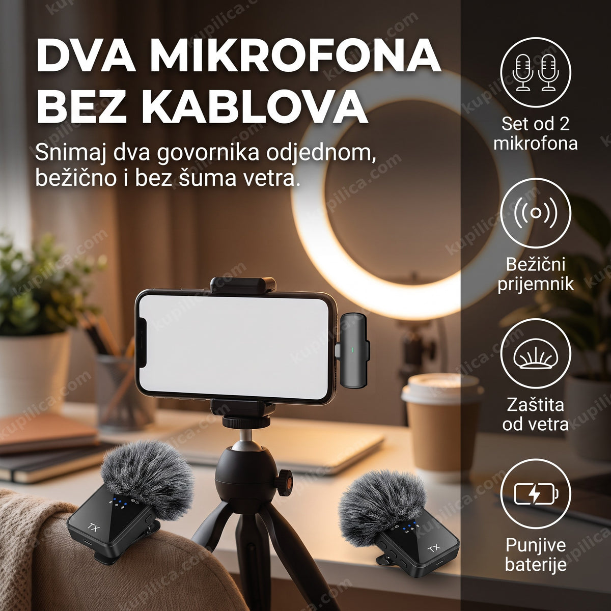 bezicni mikrofon za telefon set od dva mikrofona za snimanje sadrzaja — benefiti proizvoda
