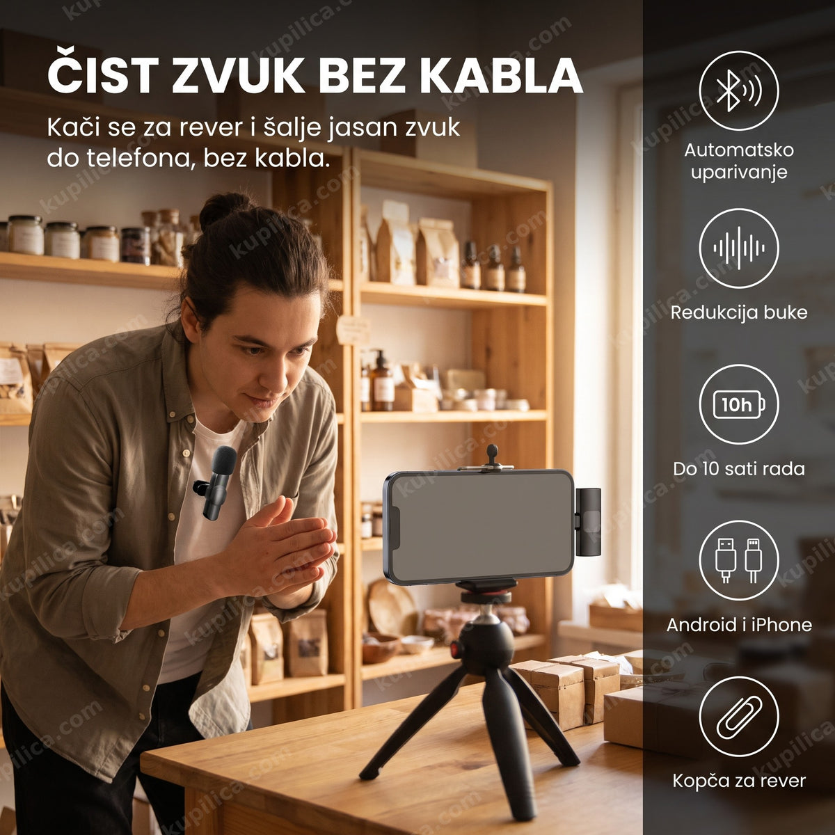 bežični mikrofon za telefon prikačen na rever tokom snimanja, benefiti proizvoda