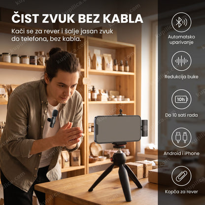 bežični mikrofon za telefon prikačen na rever tokom snimanja, benefiti proizvoda