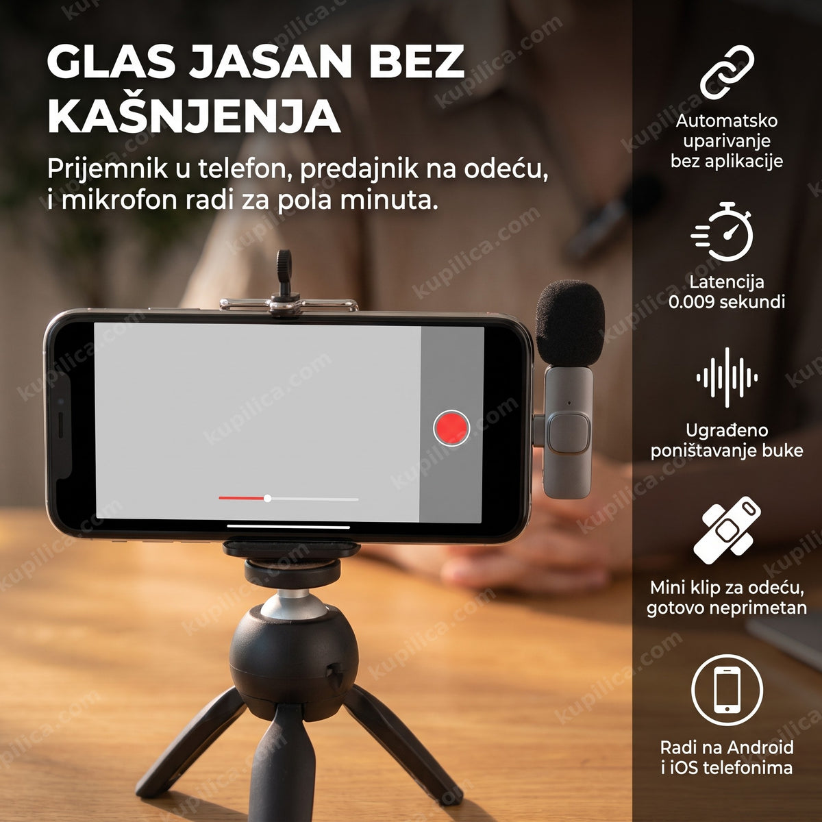lavalier bežični mikrofon zakačen na odeću dok snima video telefonom, benefiti proizvoda