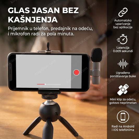 lavalier bežični mikrofon zakačen na odeću dok snima video telefonom, benefiti proizvoda