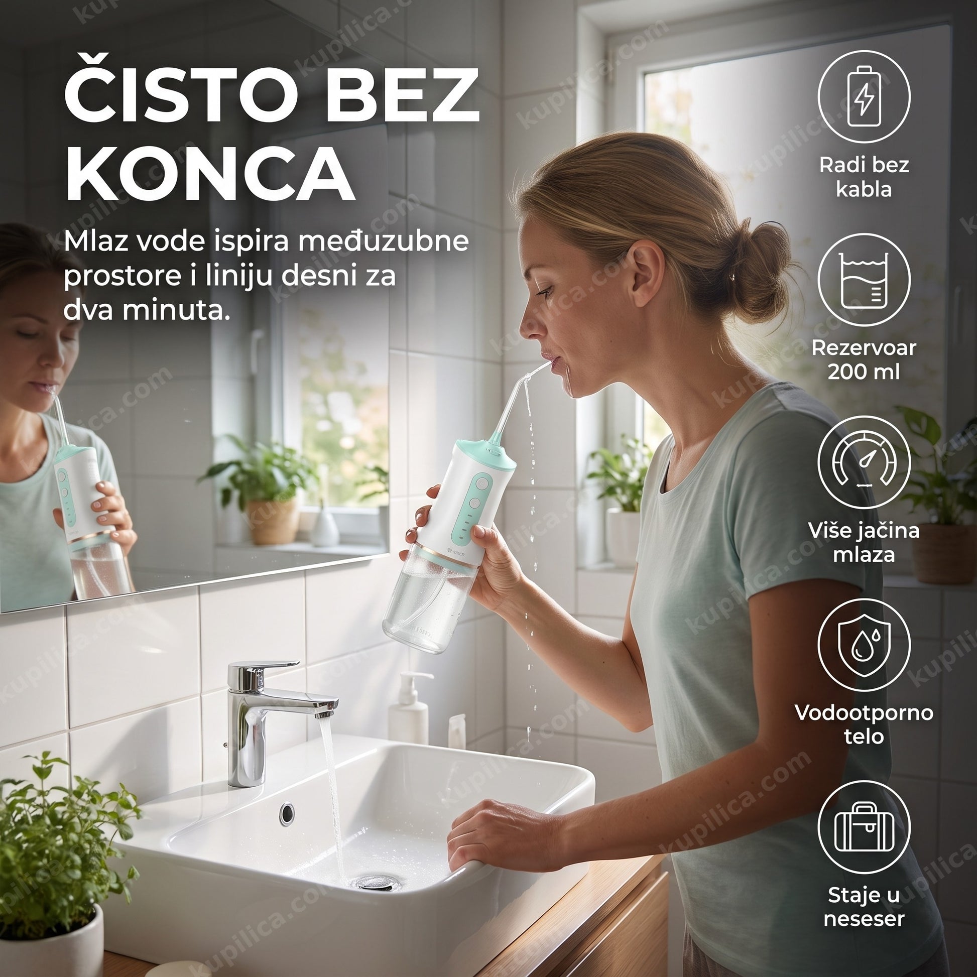 bežični oralni irigator — žena ispira zube i desni mlazom vode u kupatilu, bez konca i kabla