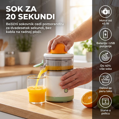 Osoba cedi pomorandžu na bežičnom sokovniku za citruse na kuhinjskom pultu