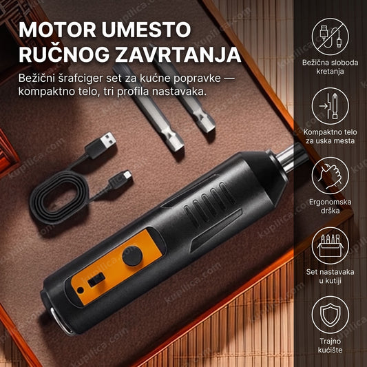 crni bežični šrafciger set sa nastavcima na radnom stolu