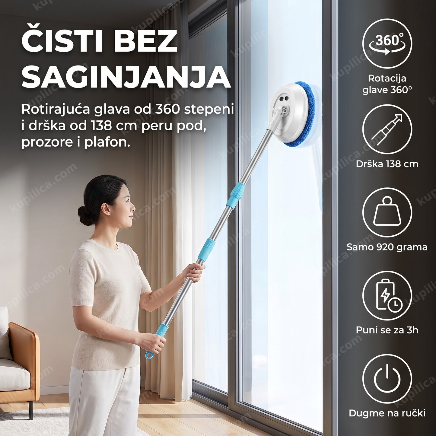 Osoba pere prozor bežičnim teleskopskim mopom 360 stojeći uspravno