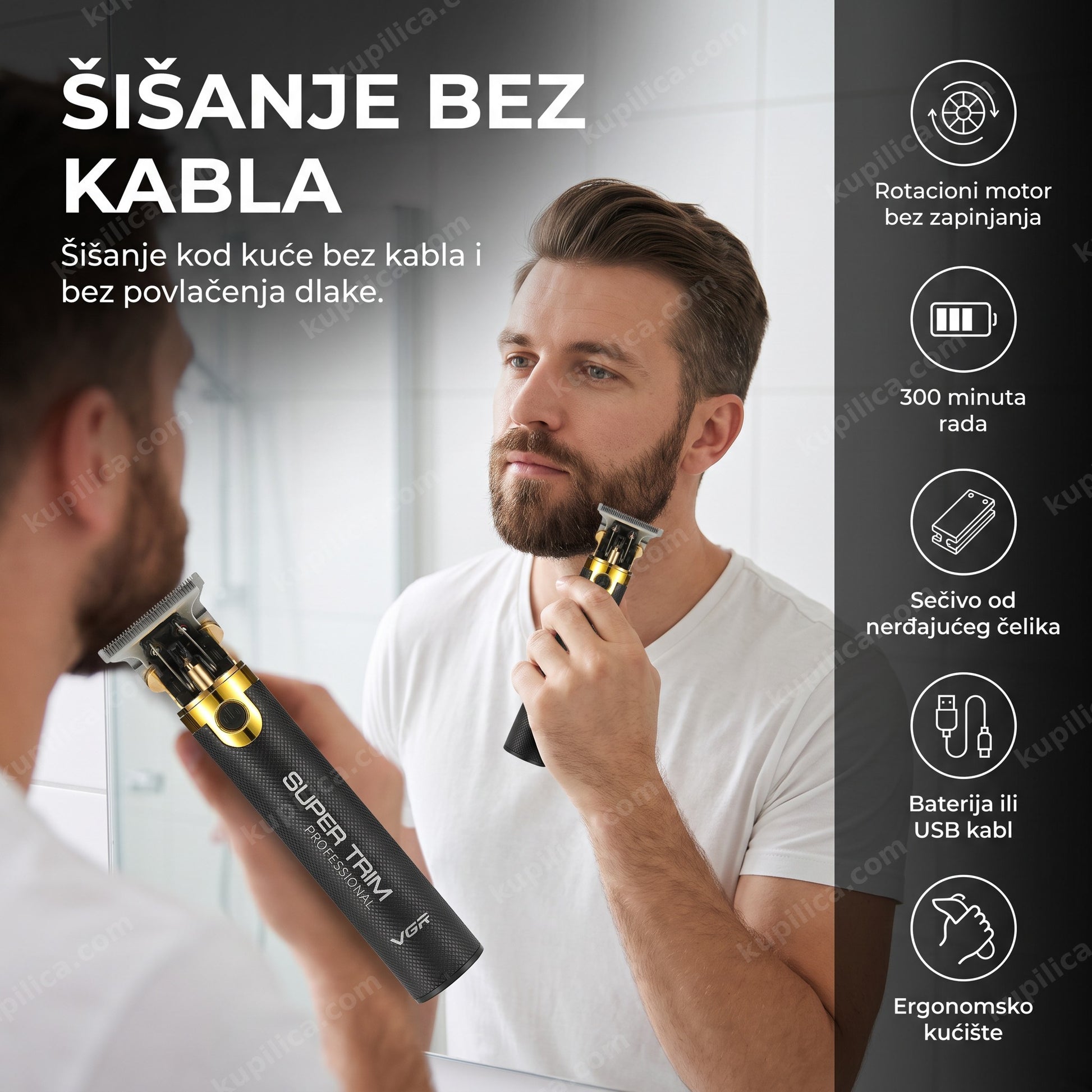 bežični trimer za bradu — muškarac šiša bradu ispred ogledala u kupatilu bez kabla
