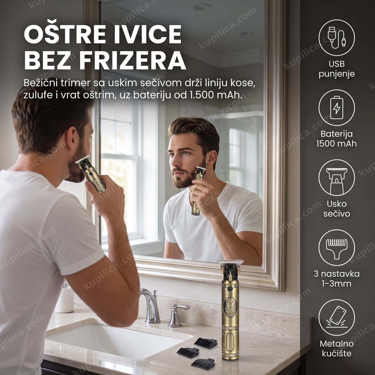 bežični trimer za konture — muškarac oblikuje zulufe i liniju brade tankim sečivom, baterija 1500 mAh, tri nastavka