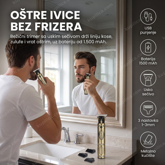 bežični trimer za konture — muškarac oblikuje zulufe i liniju brade tankim sečivom, baterija 1500 mAh, tri nastavka