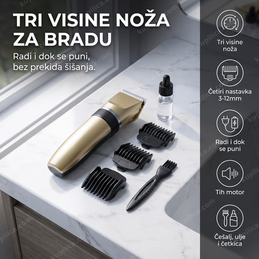 zlatni bežični trimer za kosu i bradu sa nastavcima na mermernoj podlozi