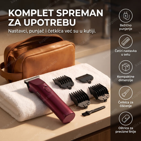bordo bežični trimer za kosu i bradu pored kožne putne torbe na peškiru
