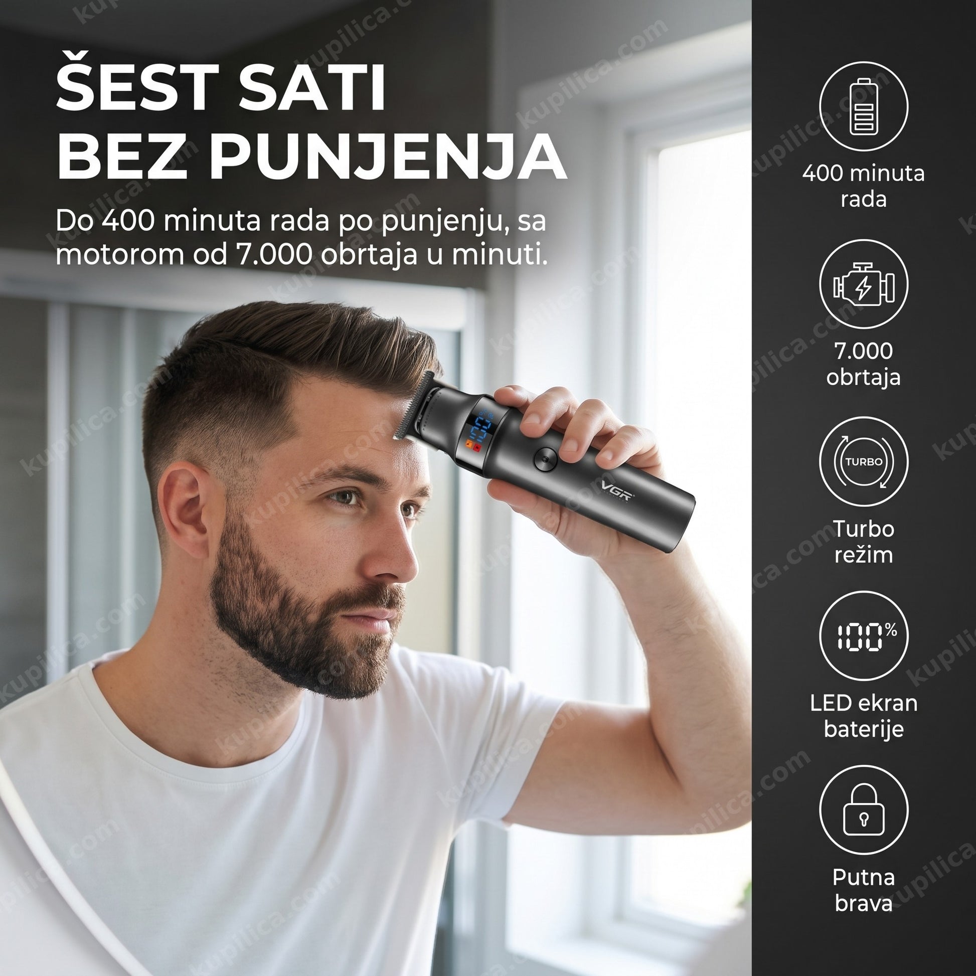 bežični trimer za kosu sa LED ekranom — muškarac oblikuje fade i konture ispred ogledala, 400 minuta rada po punjenju