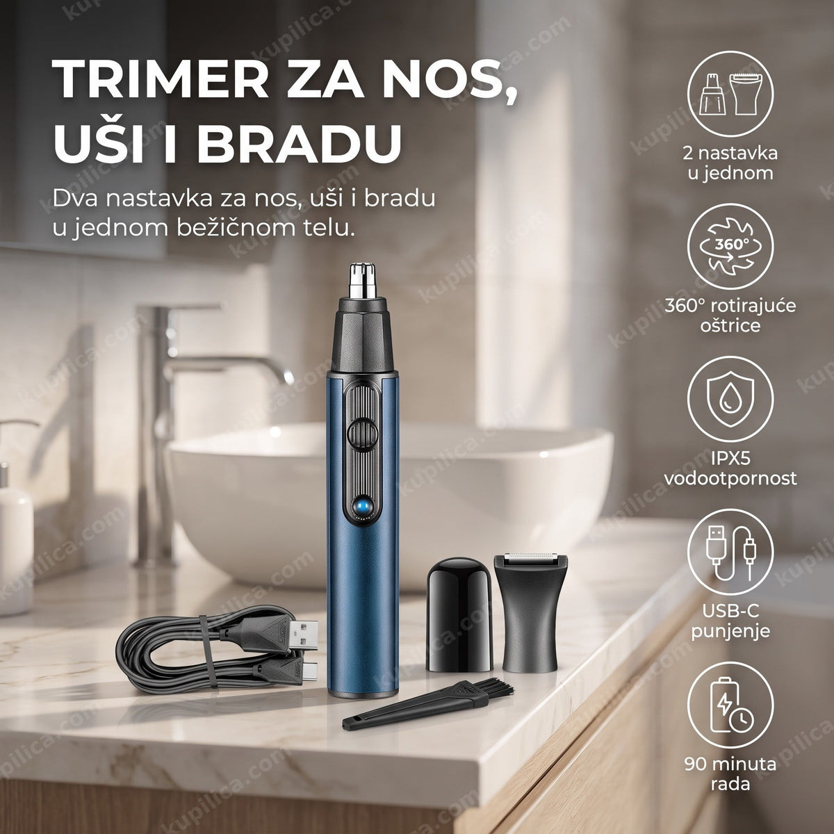 Bežični trimer za nos i uši sa dodatnim nastavcima, prikaz benefita proizvoda