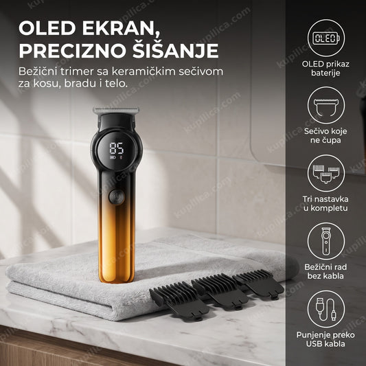 bežični trimer za šišanje sa OLED ekranom na kupatilskom stolu