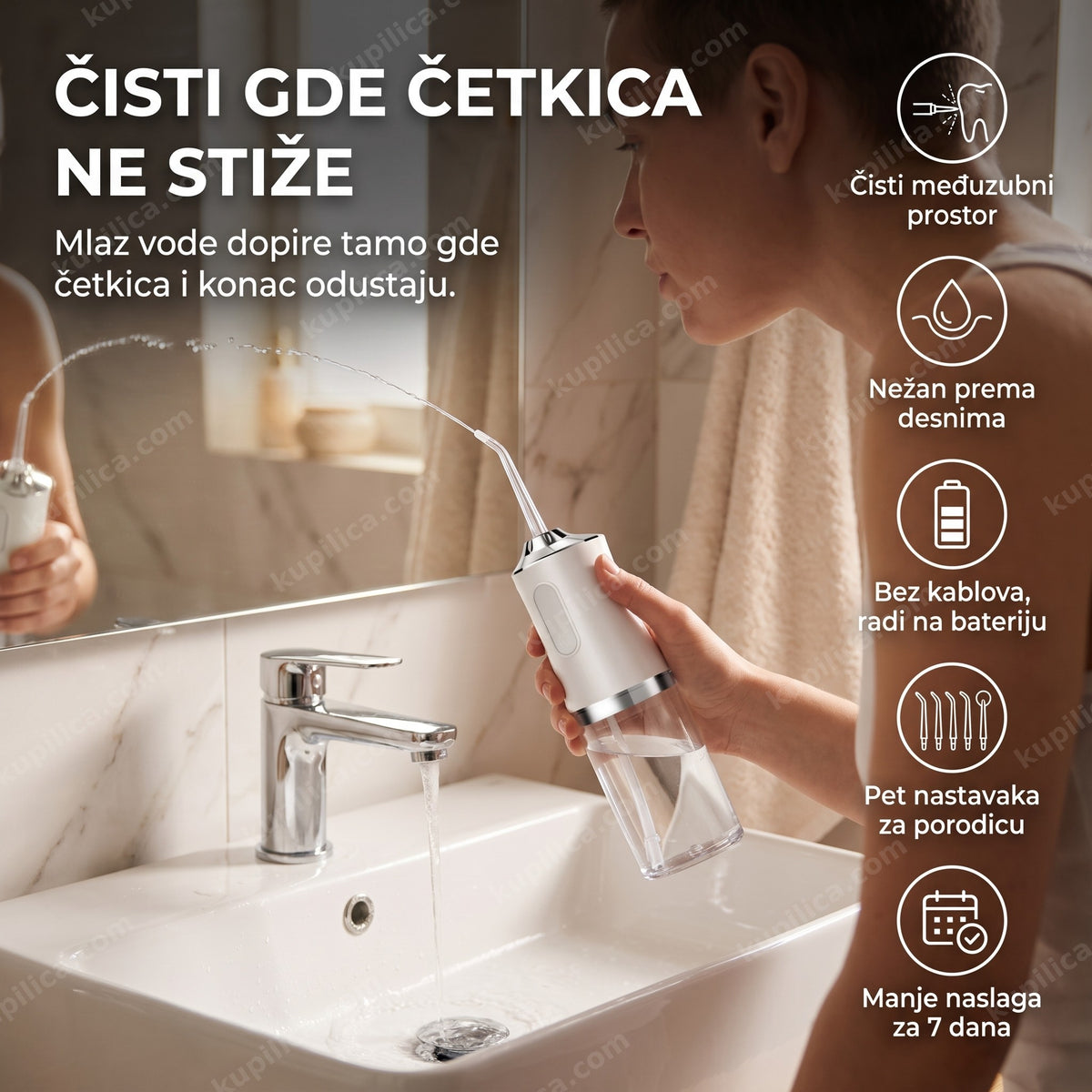 bežični tuš za zube u upotrebi u kupatilu, mlaz vode, benefiti proizvoda