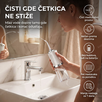 bežični tuš za zube u upotrebi u kupatilu, mlaz vode, benefiti proizvoda