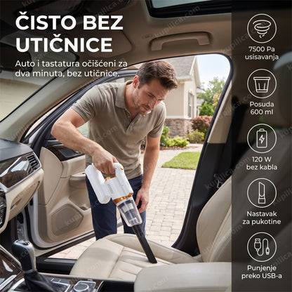 bežični usisivač za auto — muškarac usisava sedište automobila u dvorištu bez kabla