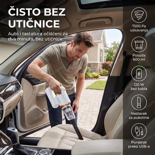 bežični usisivač za auto — muškarac usisava sedište automobila u dvorištu bez kabla