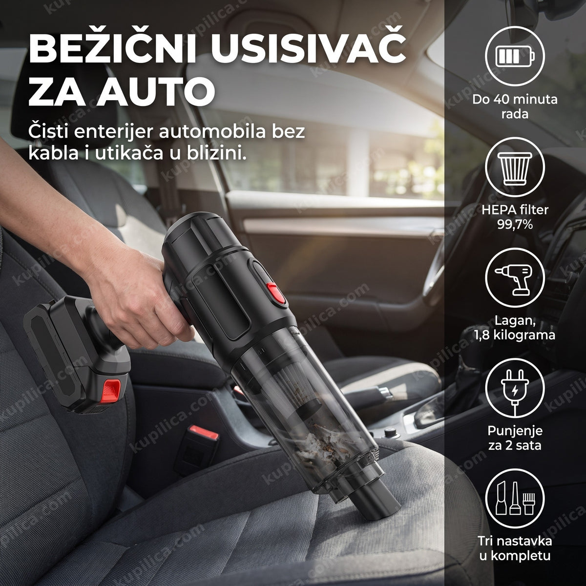 Bežični usisivač za auto čisti sedište, prikazuje benefite proizvoda