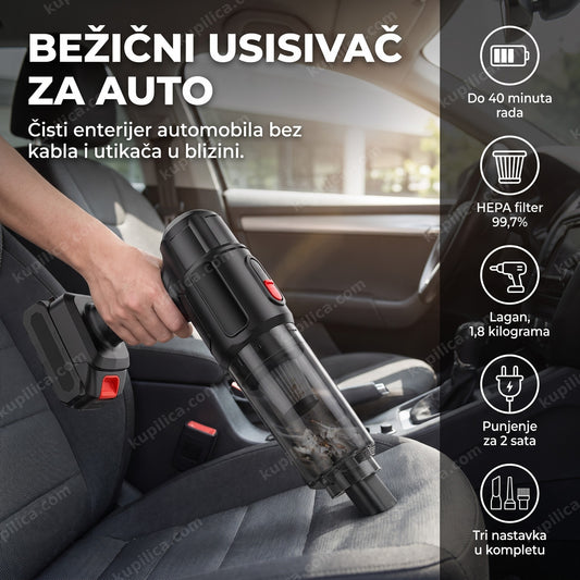 Bežični usisivač za auto čisti sedište, prikazuje benefite proizvoda