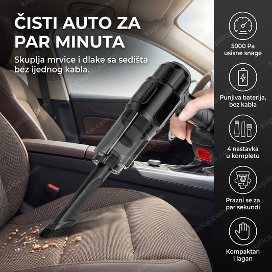 Crni bežični usisivač za auto čisti mrvice sa sedišta, benefiti proizvoda