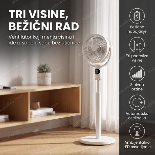 bežični ventilator sa led osvetljenjem u kućnoj kancelariji pored police