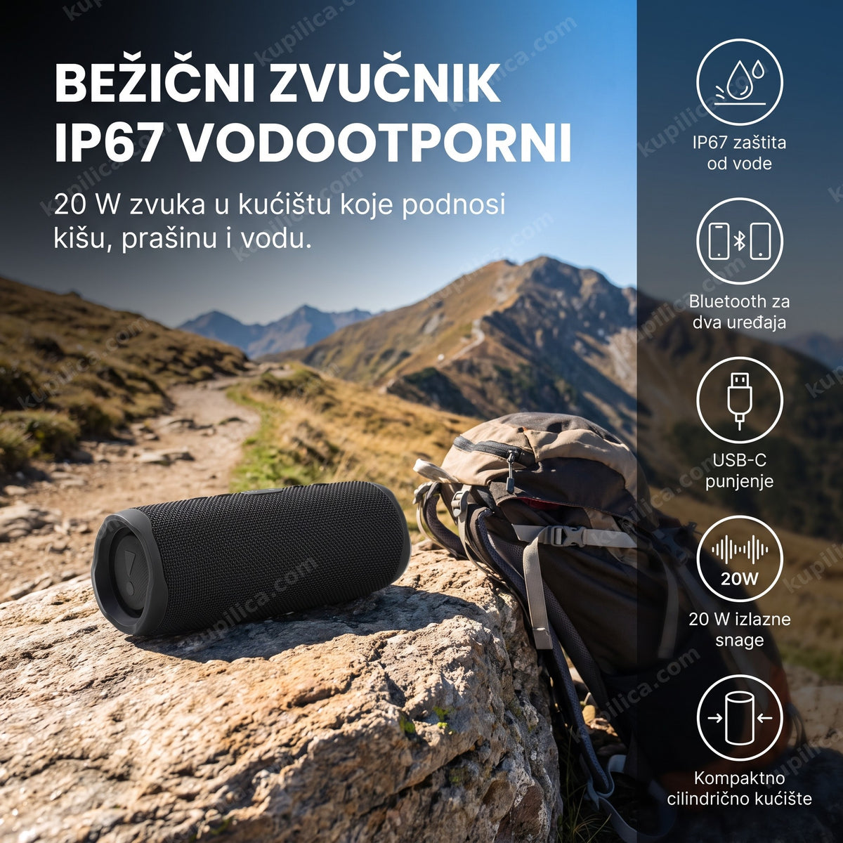 Crni bežični zvučnik IP67 na steni pored planinarske staze, benefiti proizvoda
