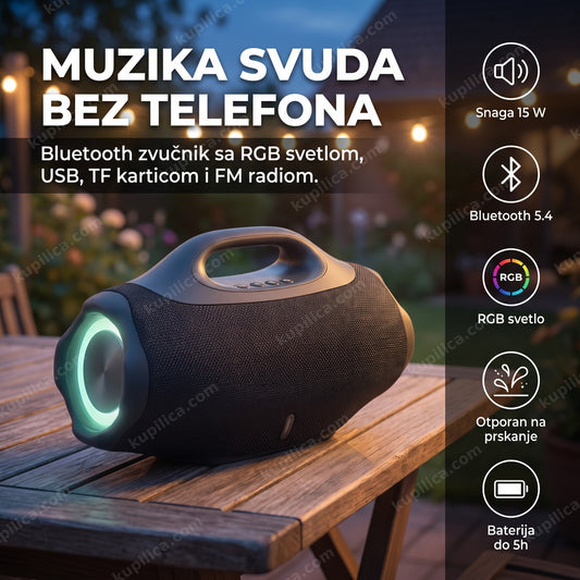 bežični zvučnik sa RGB svetlom na drvenom stolu na terasi uveče