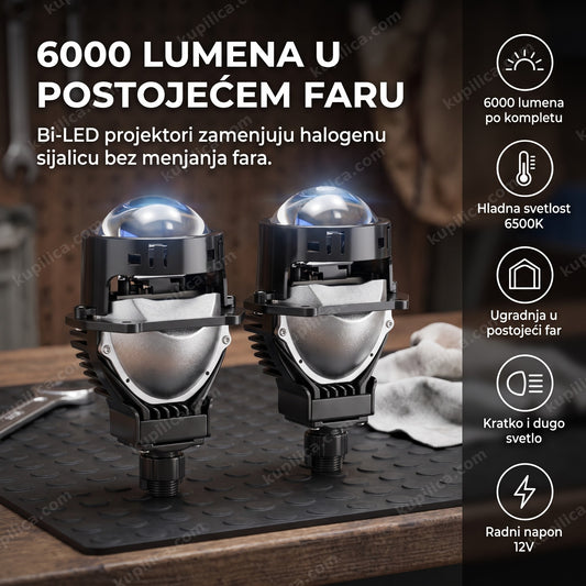 bi-led projektori za farove postavljeni na radni sto u auto radionici