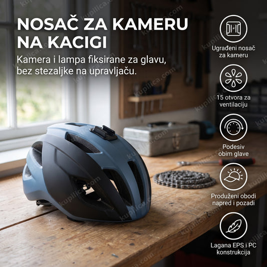biciklistička kaciga sa nosačem za kameru na drvenoj klupi