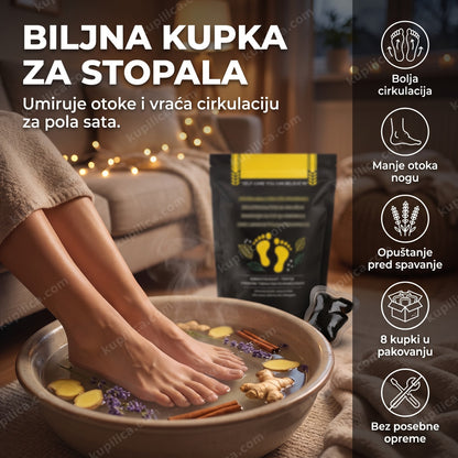 stopala odrasle osobe u lavoru sa biljnom kupkom za opuštanje, benefiti proizvoda