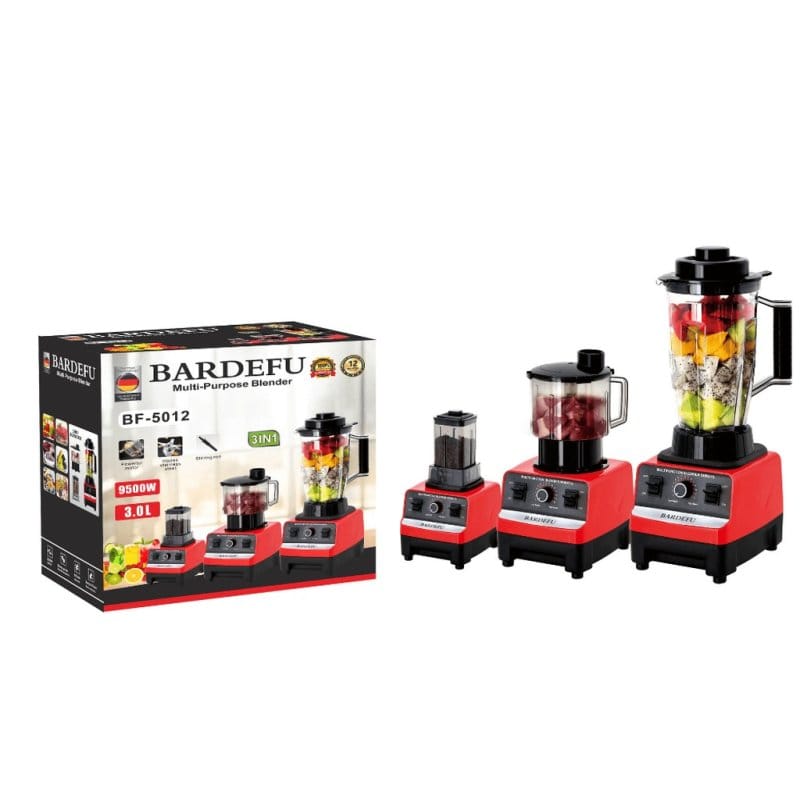 blender BARDEFU BF-5012 sa tri posude na crveno-crnom kućištu