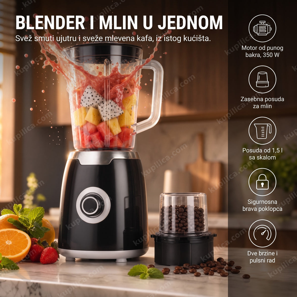 Crni blender sa mlinom za kafu i svežim voćem na kuhinjskom pultu, benefiti proizvoda